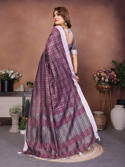 Magenta Linen Cotton Saree With Silver Zari Border | Lightweight Elegant Party Wear – JaipurSaaj