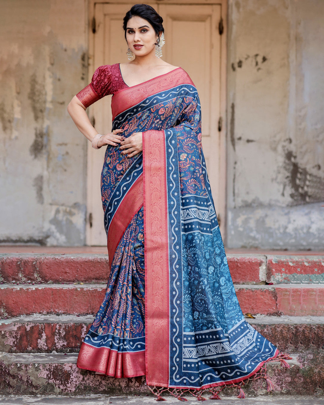 Navy Blue Tussar Silk Saree With Digital Kalamkari Print & Zari Motif Border | Casual & Festive Wear – JaipurSaaj