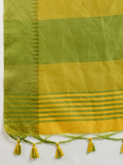 Yellow Color Khadi Raw Silk Saree With Zari Lining Pallu With Tample Border