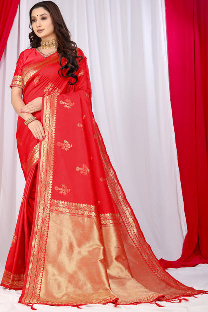 Red Banarasi Silk Saree With Zari Weaving Work | Bridal Wedding Wear – JaipurSaaj