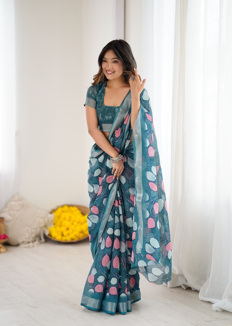 Rama Green Linen Cotton Saree With Floral Digital Print | Lightweight Daily & Office Wear – JaipurSaaj