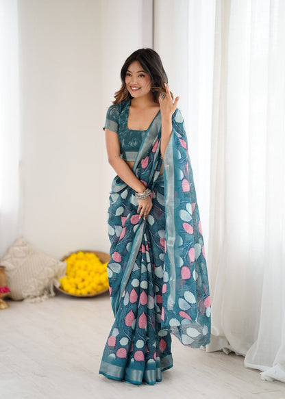 Rama Green Linen Cotton Saree With Floral Digital Print | Lightweight Daily & Office Wear – JaipurSaaj