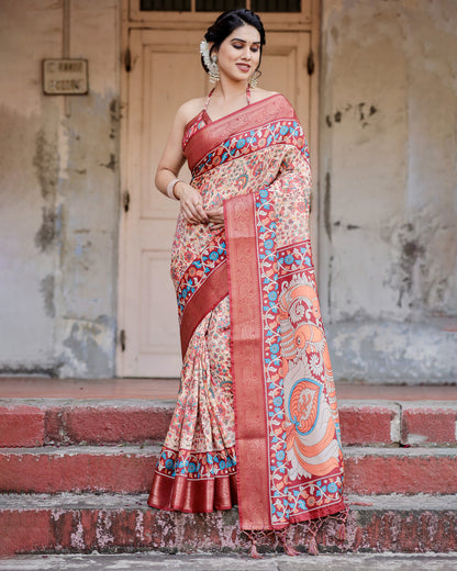 Multi Kalamakari Floral Printed Tussar Silk Saree With Zari Motif Border | Festive Ethnic Wear – JaipurSaaj