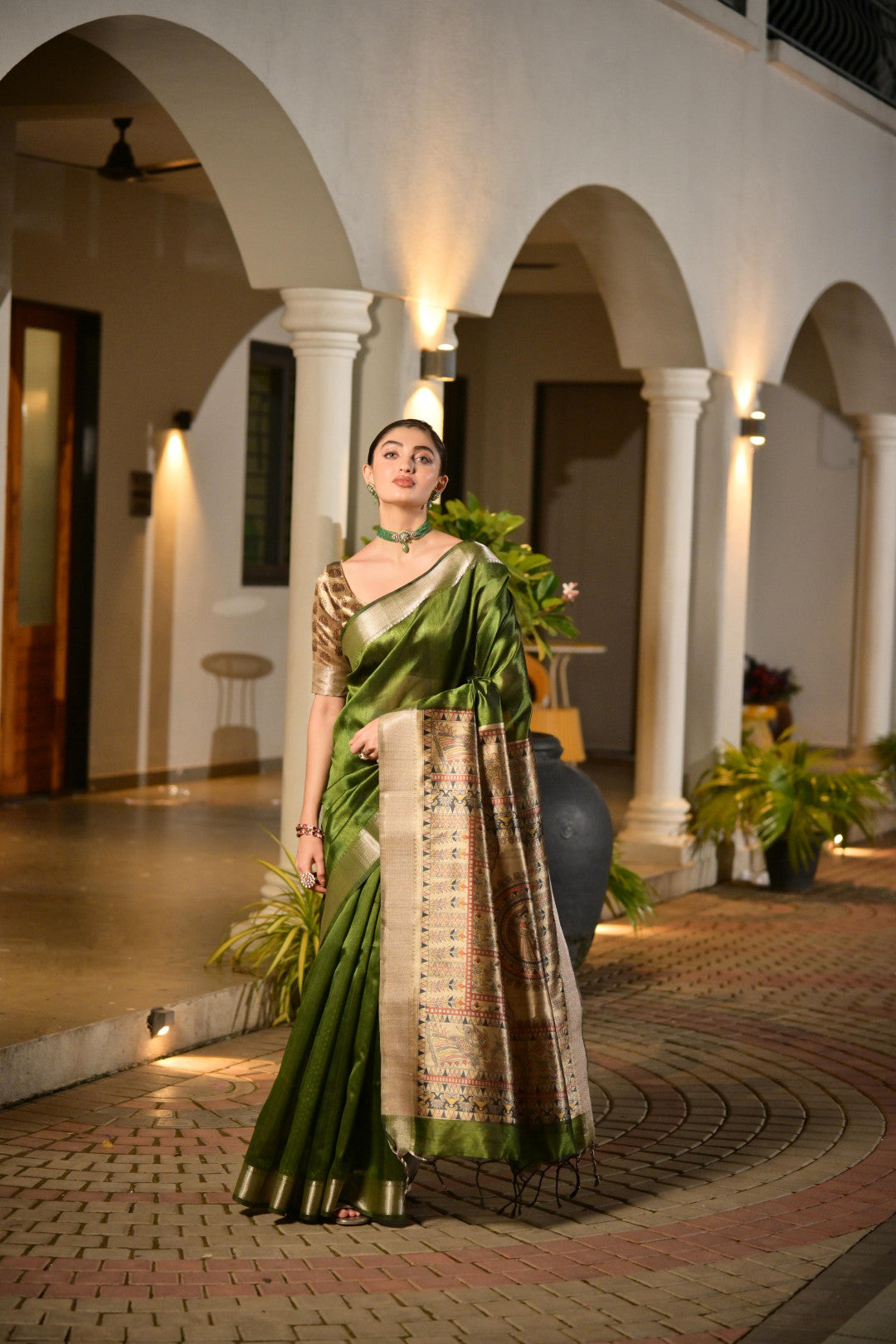 Mahendi Green Khadi Raw Silk Saree With Beautiful Madhubani Printed Pallu | Party & Wedding Wear – JaipurSaaj