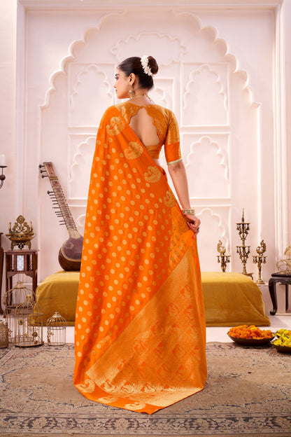 Orange Soft Roop Silk Saree With Printed Work & Zari Weaving Border | Traditional Festive Wear – JaipurSaaj