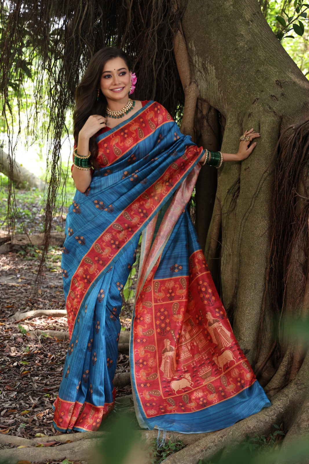 Firoji Peacock Printed Tussar Silk Saree | Traditional Festive Ethnic Wear – JaipurSaaj