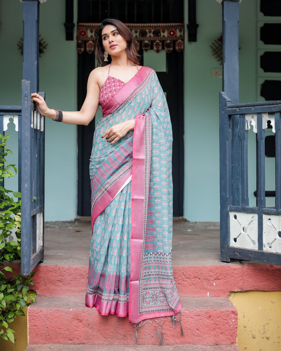 Sky Blue Summer Special Digital Printed Linen Cotton Saree