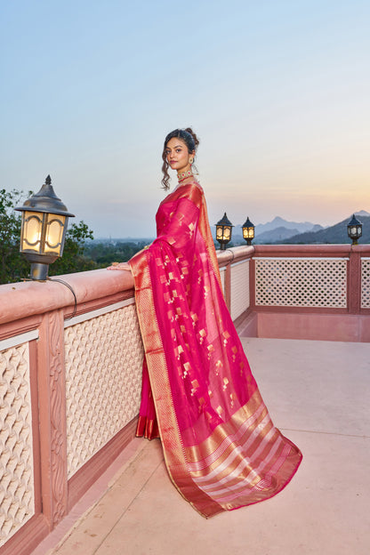 Rani Pink Kota Doriya Saree With Zari Weaving Work | Party & Festive Wear – JaipurSaaj
