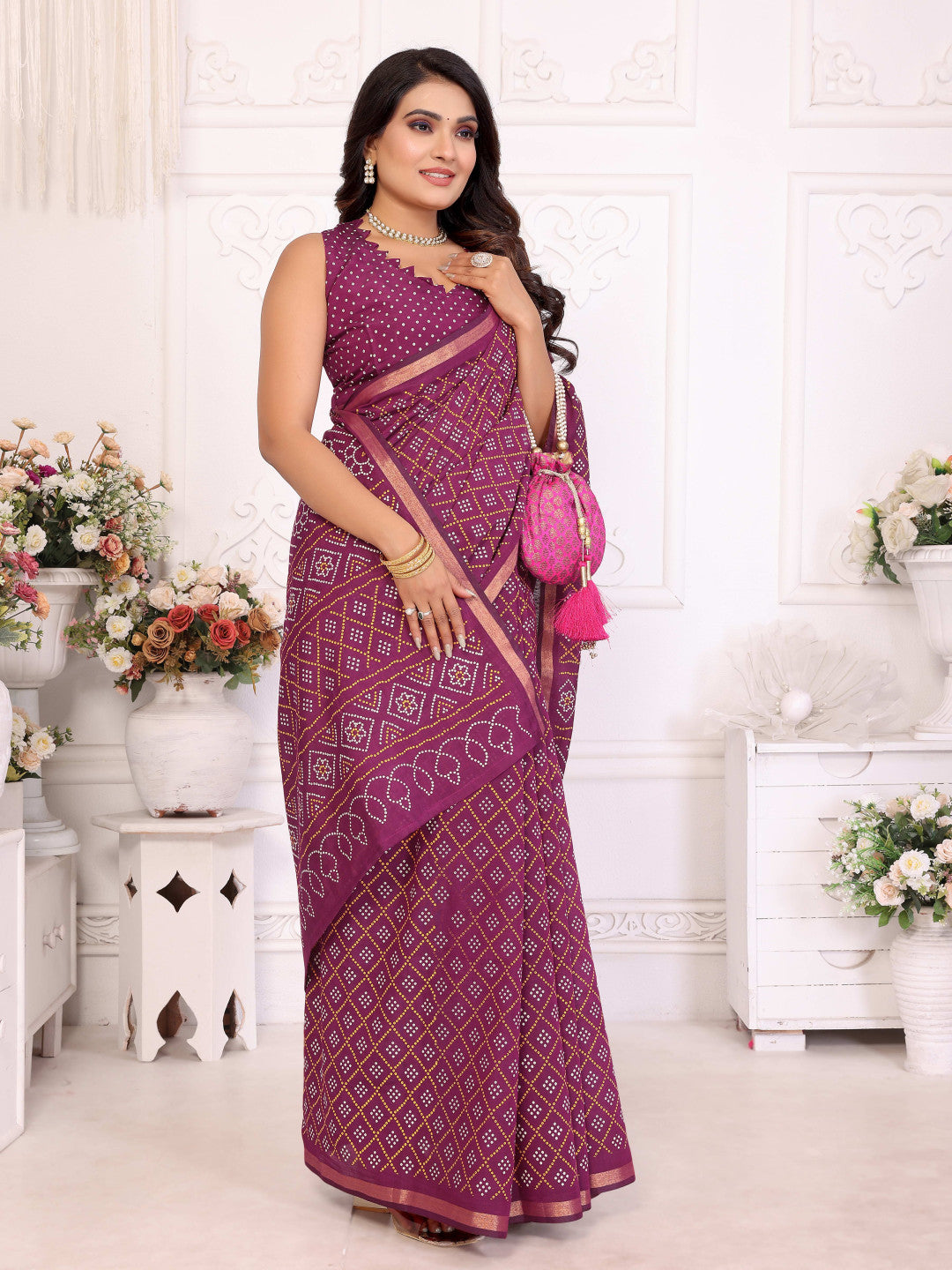 Magenta Bandhej Printed Soft Cotton Saree With Zari Border | Traditional Festive Ethnic Wear – JaipurSaaj
