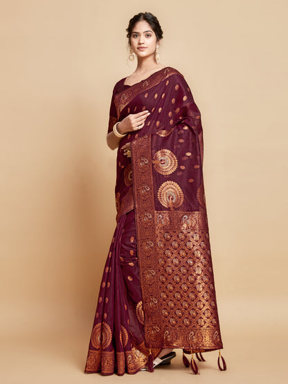 Magenta Soft Linen Silk Saree With Zari Weaving Work