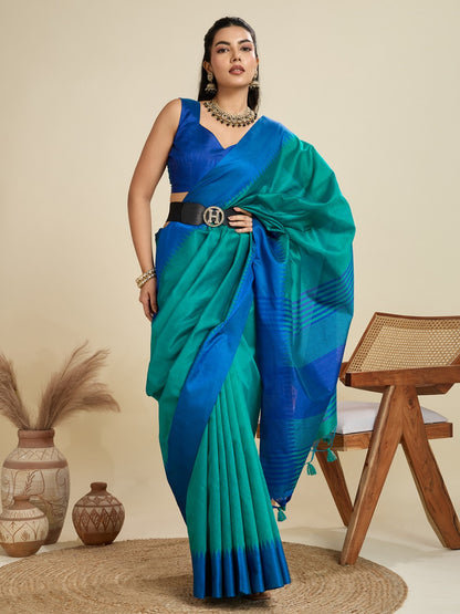 Rama Green Color Khadi Raw Silk Saree With Zari Lining Pallu With Tample Border