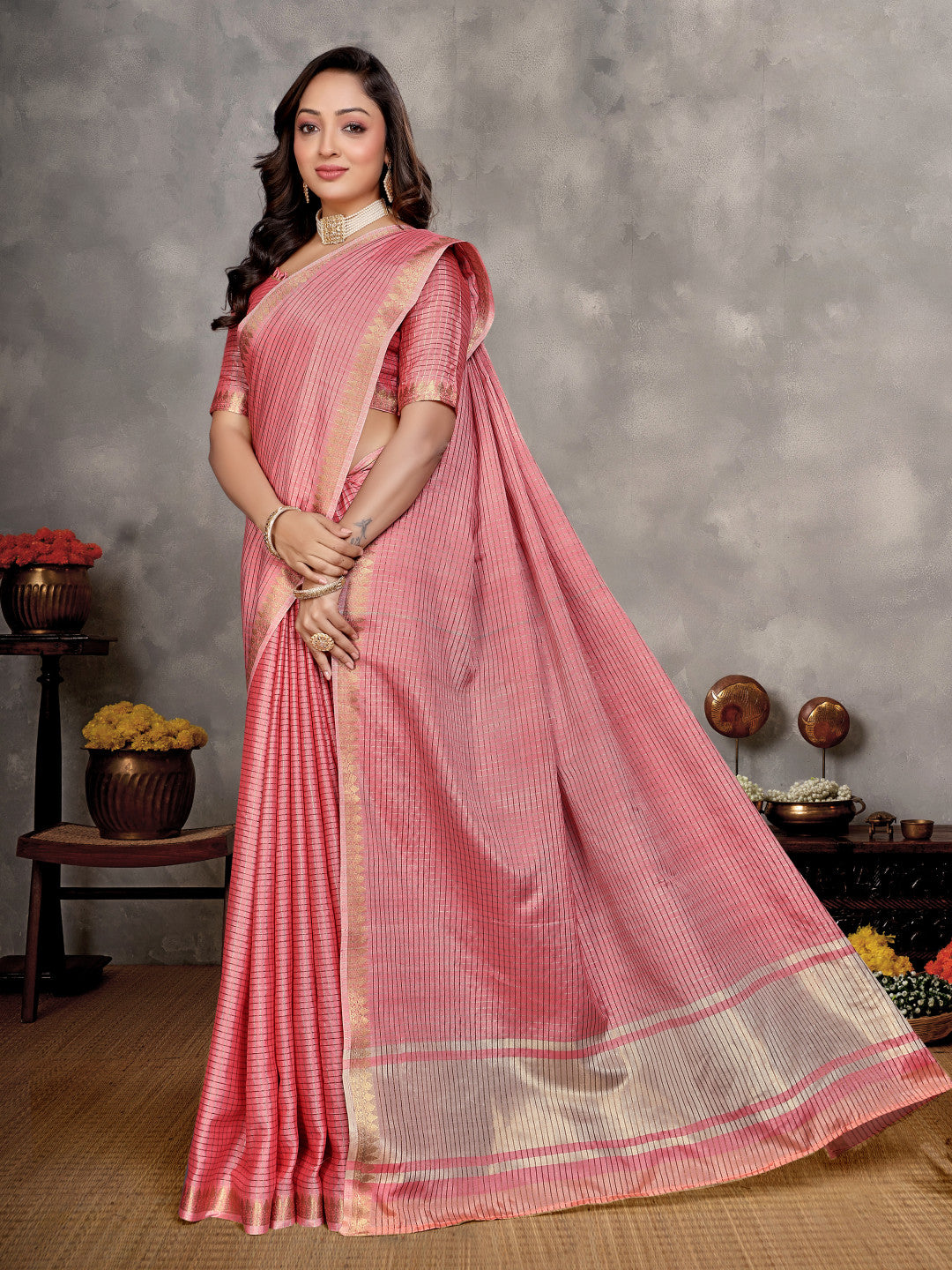 Pink Soft Linen Silk Saree With Zari Weaving Work | Elegant Party Wear – JaipurSaaj