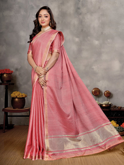 Pink Soft Linen Silk Saree With Zari Weaving Work | Elegant Party Wear – JaipurSaaj