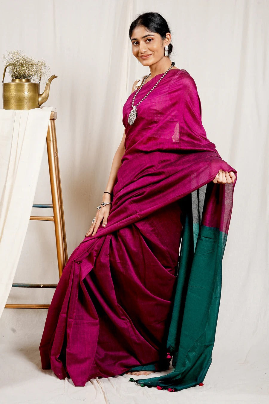 Magenta Color Plain Khadi Cotton Saree With Fancy Tassel Work