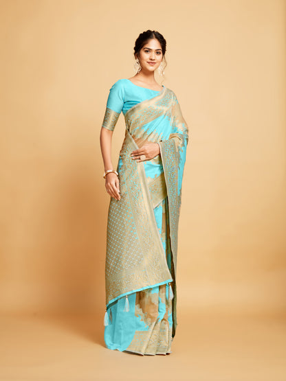 Sky Blue Soft Linen Silk Saree With Zari Weaving Work | Wedding & Festive Wear – JaipurSaaj