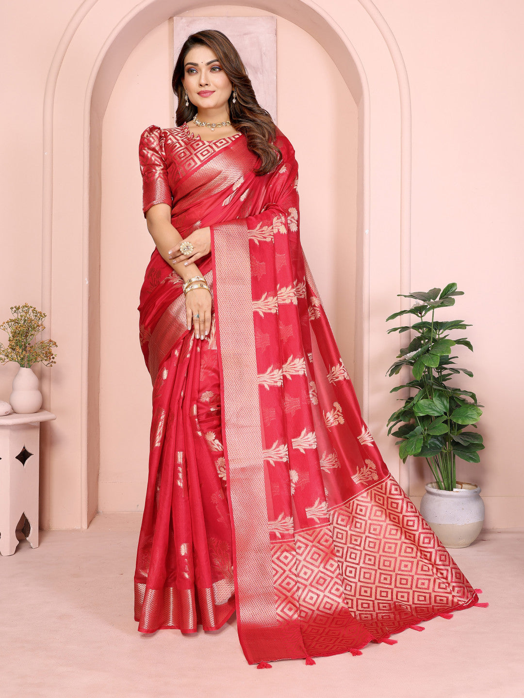 Red Organza Silk Banarasi Saree With Zari Weaving Work | Wedding & Festive Wear – JaipurSaaj