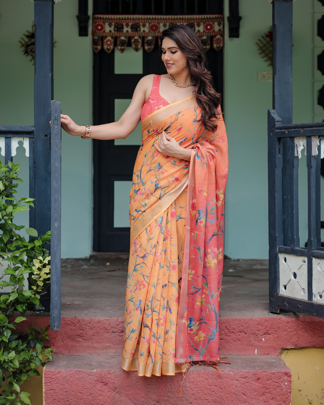 Peach Floral Digital Printed Linen Cotton Saree