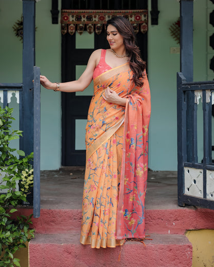 Peach Floral Digital Printed Linen Cotton Saree