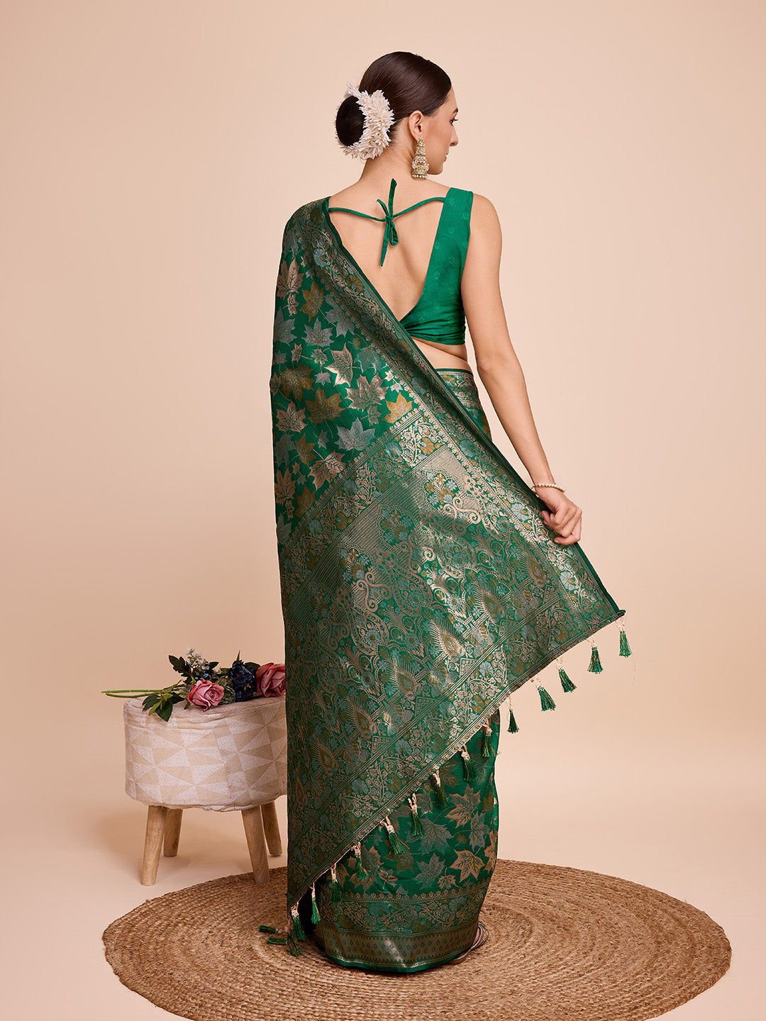 Golden & Copper Zari Weaving With Green Soft Silk Banarasi Saree | Party & Wedding Wear - JaipurSaaj