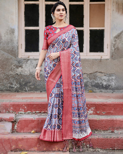 Multi Color Digital Printed Tussar Silk Saree With Zari Motif Border | Traditional Festive Ethnic Wear – JaipurSaaj