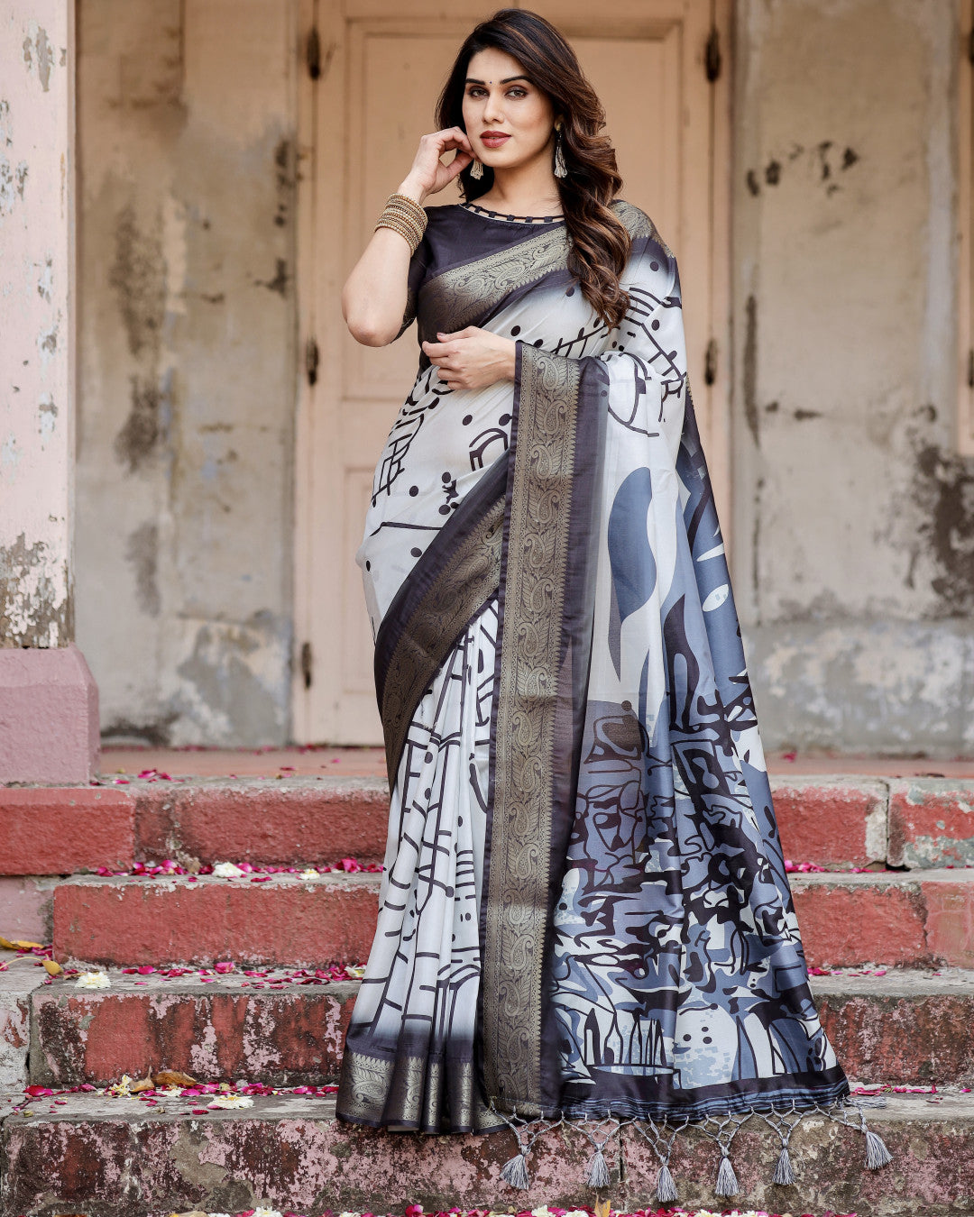Multi Color Digital Printed Tussar Silk Saree With Zari Motif Border | Designer Festive Ethnic Wear – JaipurSaaj