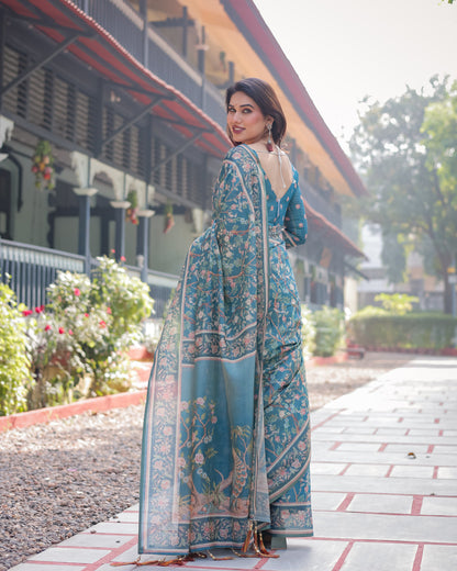 Blue Kalamkari Digital Printed Linen Cotton Saree | Summer Casual & Ethnic Wear – JaipurSaaj