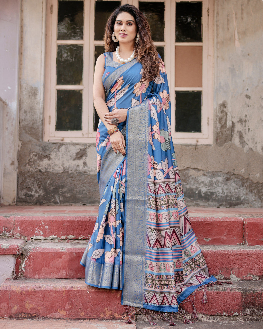 Blue Tussar Silk Saree With Digital Kalamkari Print & Zari Motif Border | Casual & Festive Wear – JaipurSaaj