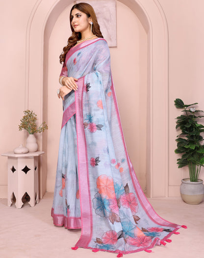 Multi Linen Cotton Saree With Digital Printed Work And Silver Zari Border