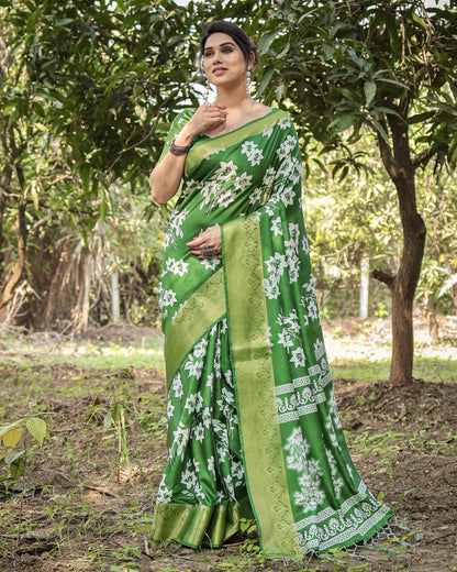 Green Tussar Silk Saree with Floral Woven Motifs & Zari Border | Traditional Festive Wear – JaipurSaaj
