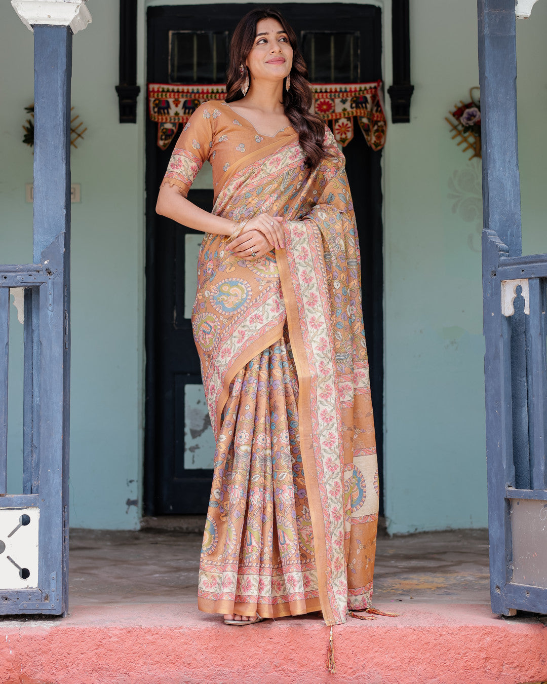 Multi Color Kalamkari Digital Printed Linen Cotton Saree | Summer Casual & Ethnic Wear – JaipurSaaj