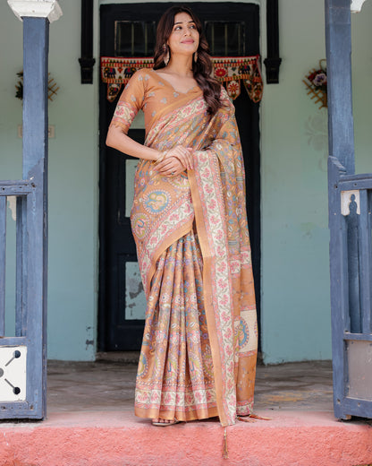Multi Color Kalamkari Digital Printed Linen Cotton Saree | Summer Casual & Ethnic Wear – JaipurSaaj