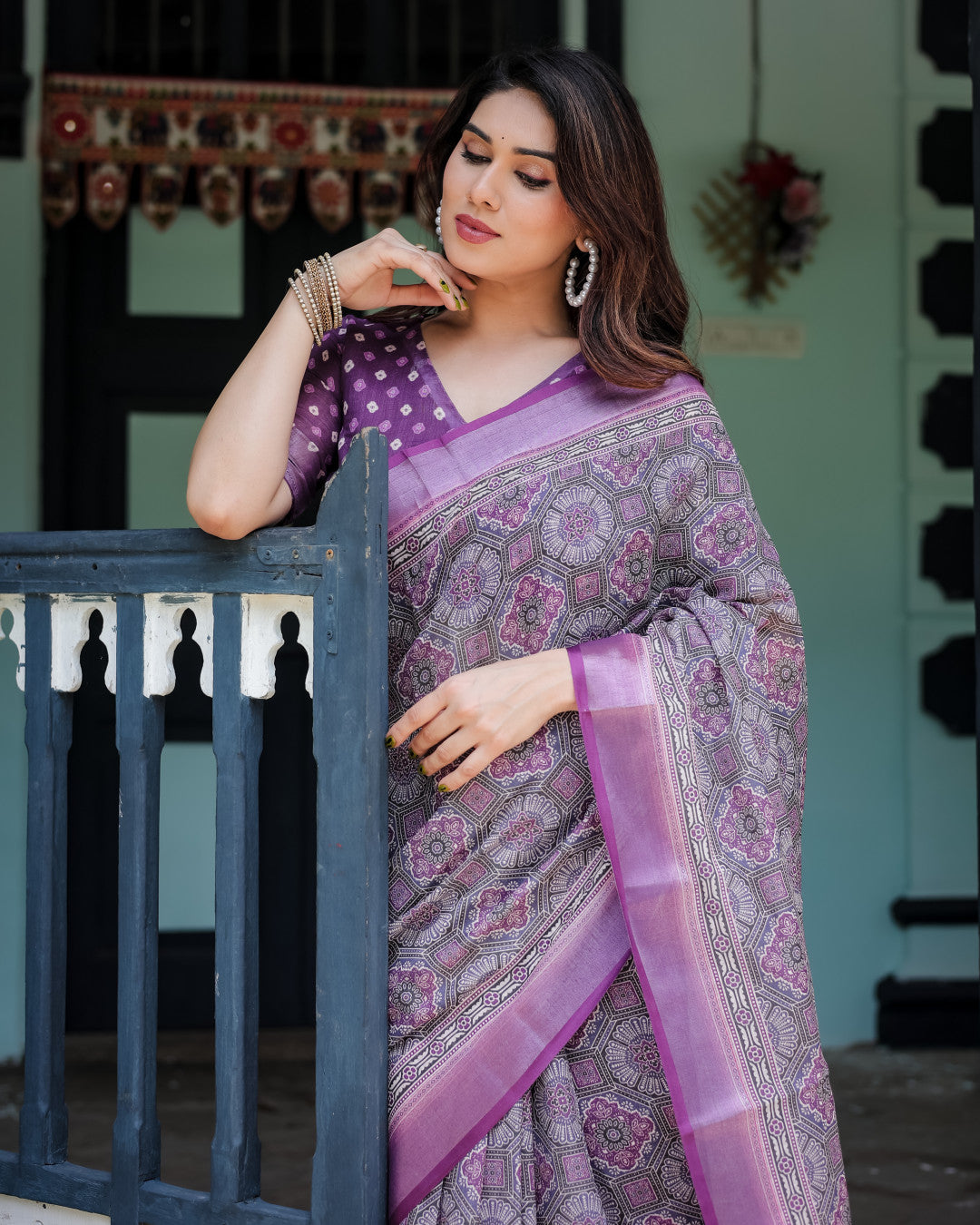 Magenta Summer Special Digital Printed Linen Cotton Saree