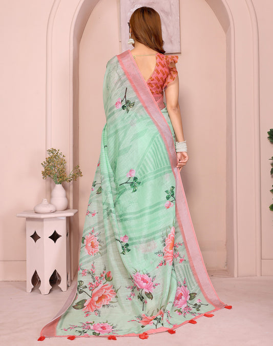 Pista Green Linen Cotton Saree With Digital Printed Work And Silver Zari Border