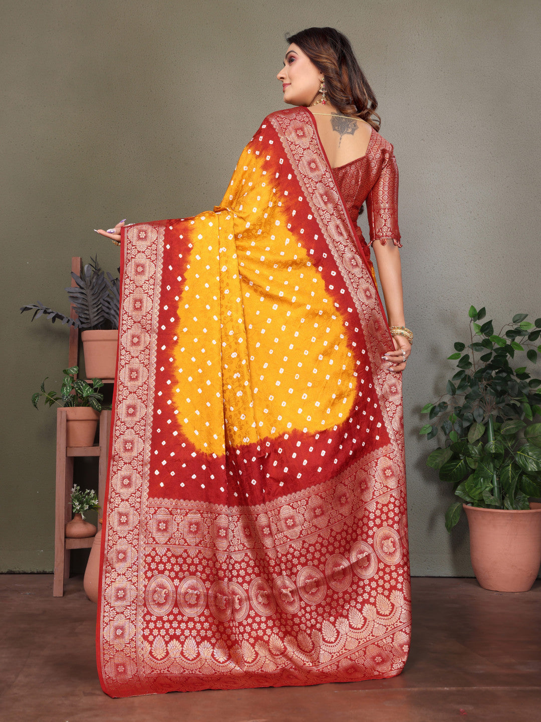 Orange & Maroon Bandhej Silk Saree With Zari Weaving Work | Festive Wedding Wear – JaipurSaaj