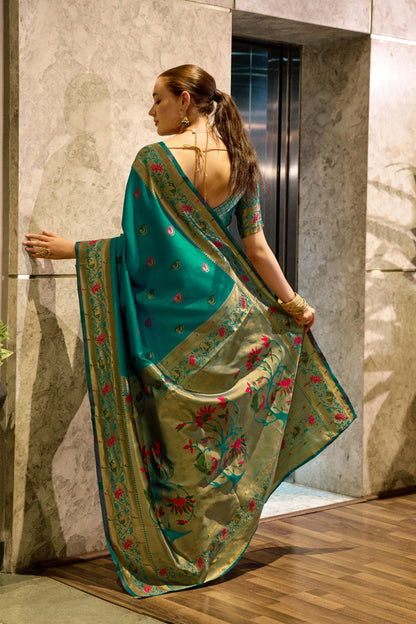 Traditional Rama Green Paithani Silk Saree With Zari Weaving Work