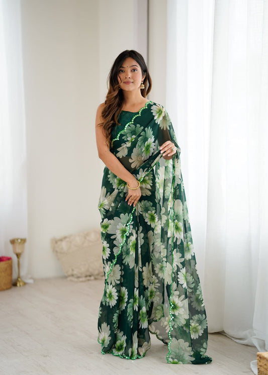 Green Color Georgette Saree With Printed Work And Mirror Work Border
