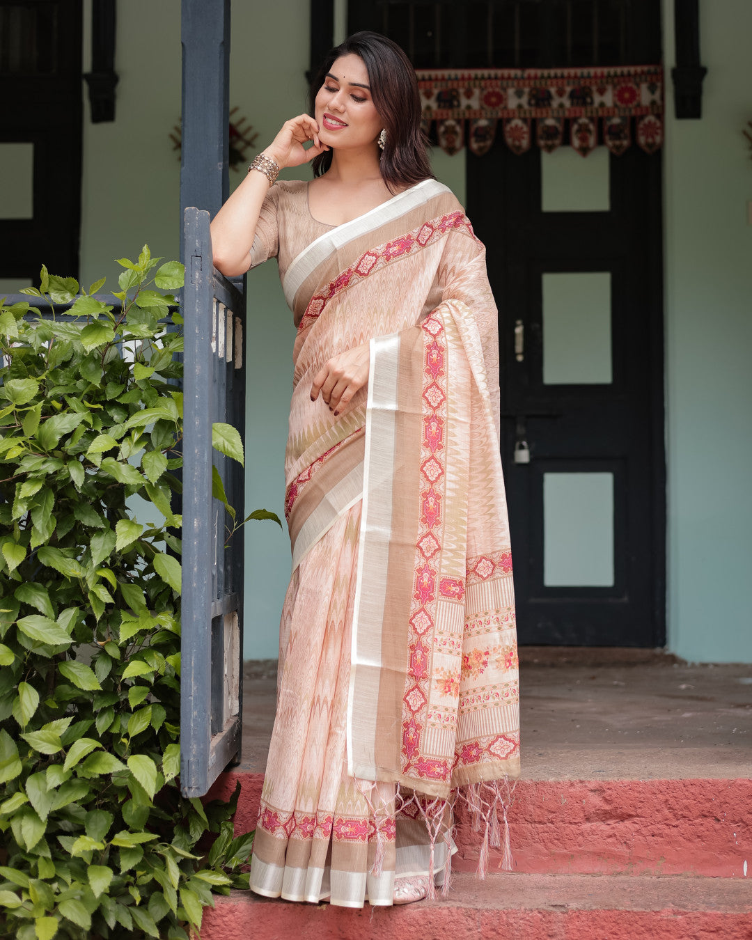 Beige Soft Linen Cotton Saree With Digital Printed Work