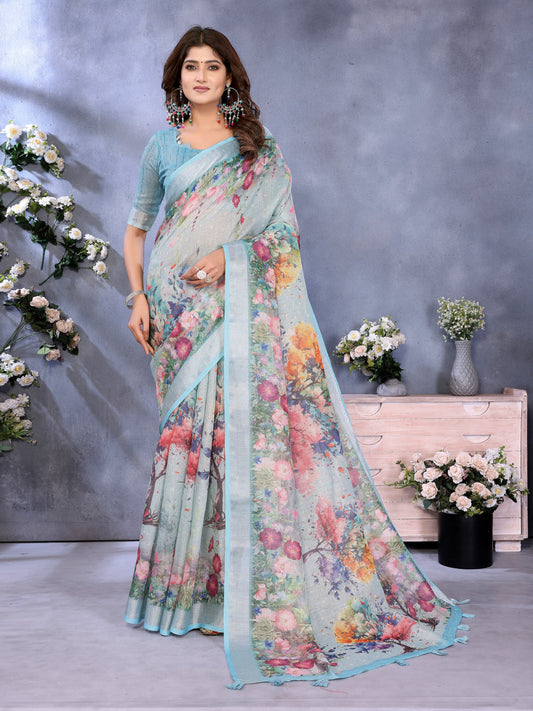 Sky Blue Linen Cotton Saree With Digital Printed Work And Silver Zari Border