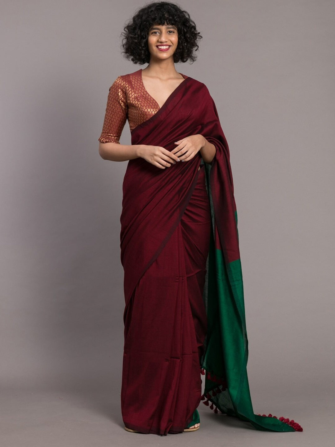 Maroon Color Plain Khadi Cotton Saree With Fancy Tassel Work