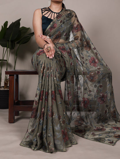 Gray Brasso Silk Saree With Floral Print & Zari Weaving | Party & Casual Wear – JaipurSaaj