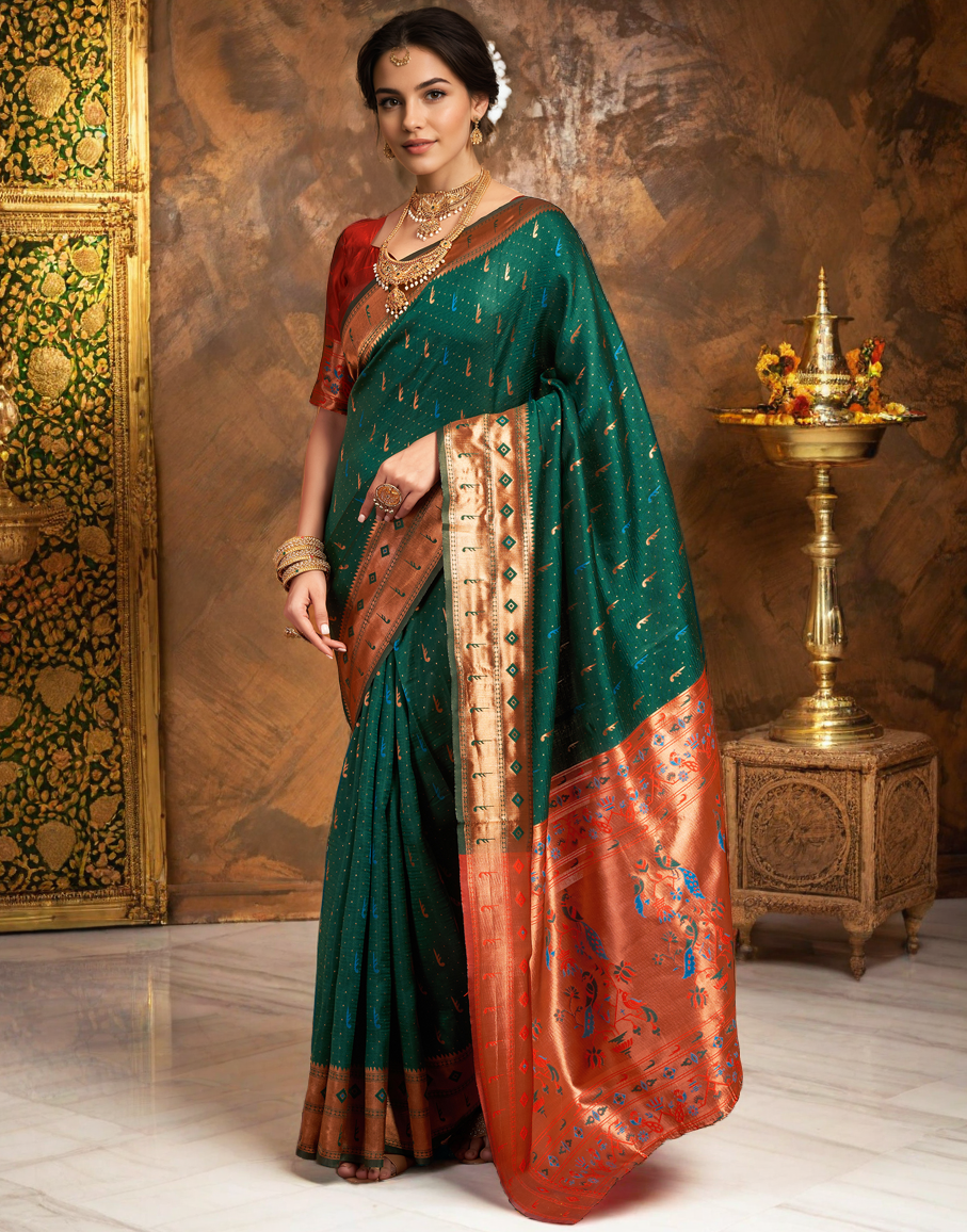 Traditional Green Paithani Silk Saree With Zari Weaving Work