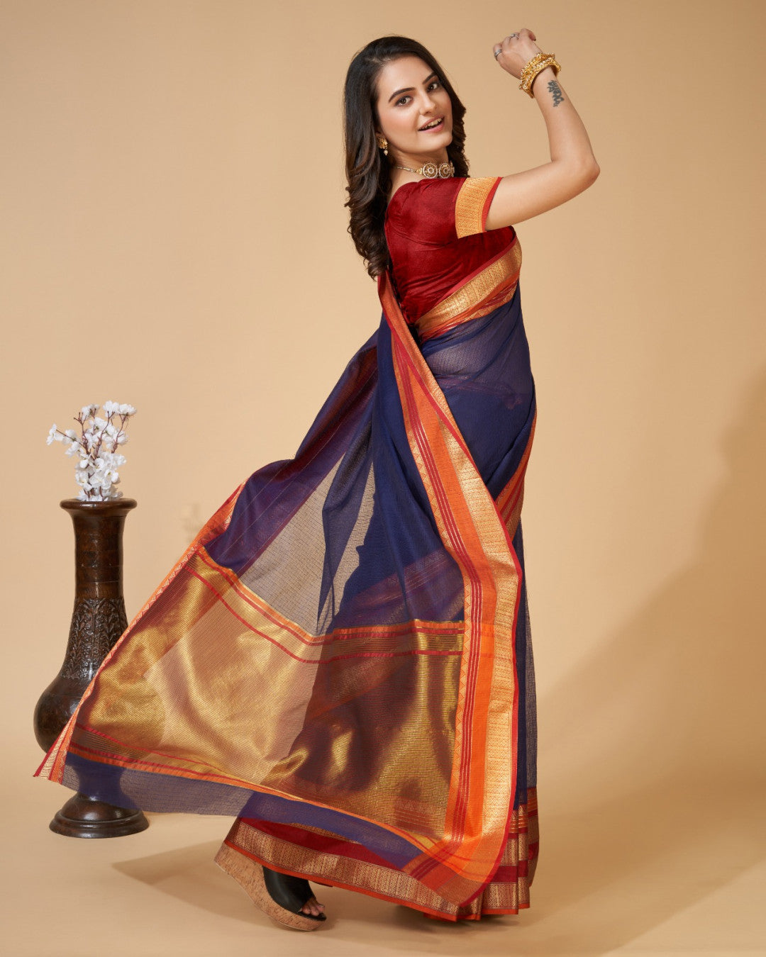 Navy Blue Kota Doriya Saree With Zari Weaving Work | Lightweight Daily Wear – JaipurSaaj