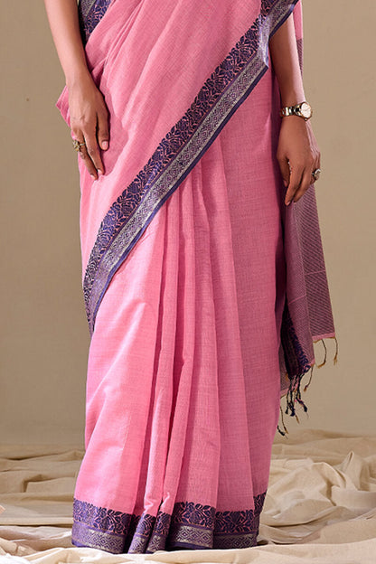 Baby Pink Linen Cotton Saree With Weaving Work