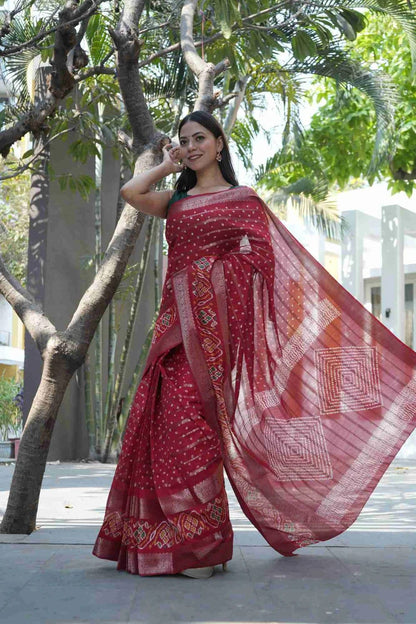 Red Fancy Dola Silk Saree With Ikkat Border Work