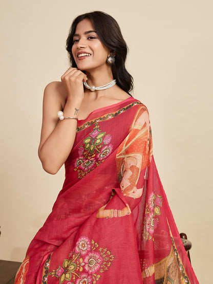 Red Linen Cotton Saree With Digital Printed Work And Silver Zari Border
