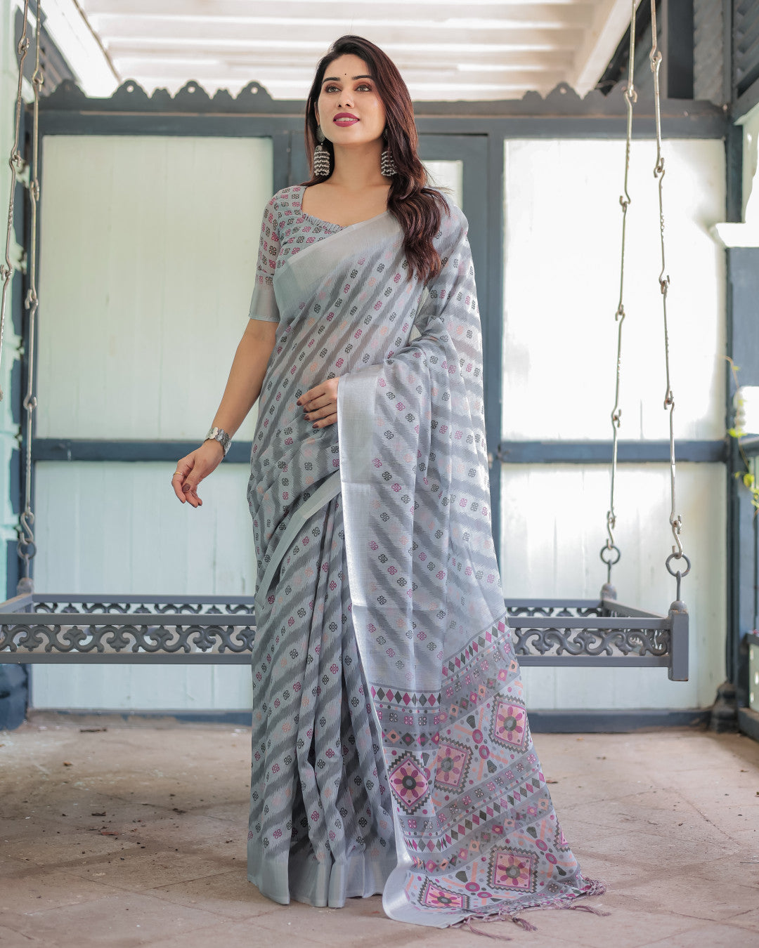 Gray Summer Special Digital Printed Linen Cotton Saree