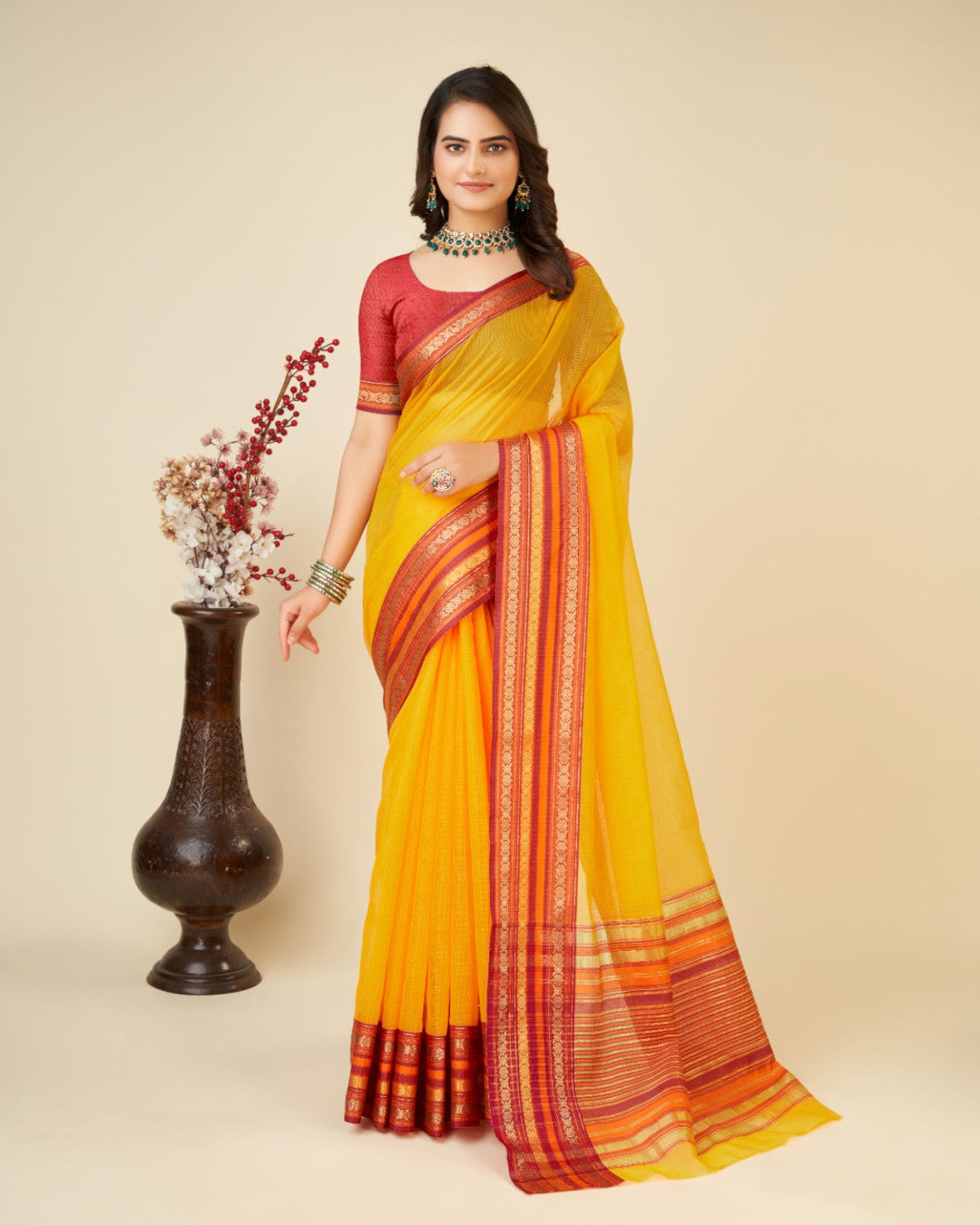 Yellow Color Doriya Cotton Saree With Woven Design
