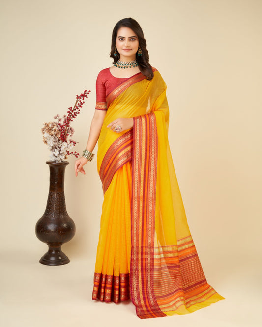 Yellow Color Doriya Cotton Saree With Woven Design