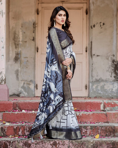 Multi Color Digital Printed Tussar Silk Saree With Zari Motif Border | Designer Festive Ethnic Wear – JaipurSaaj