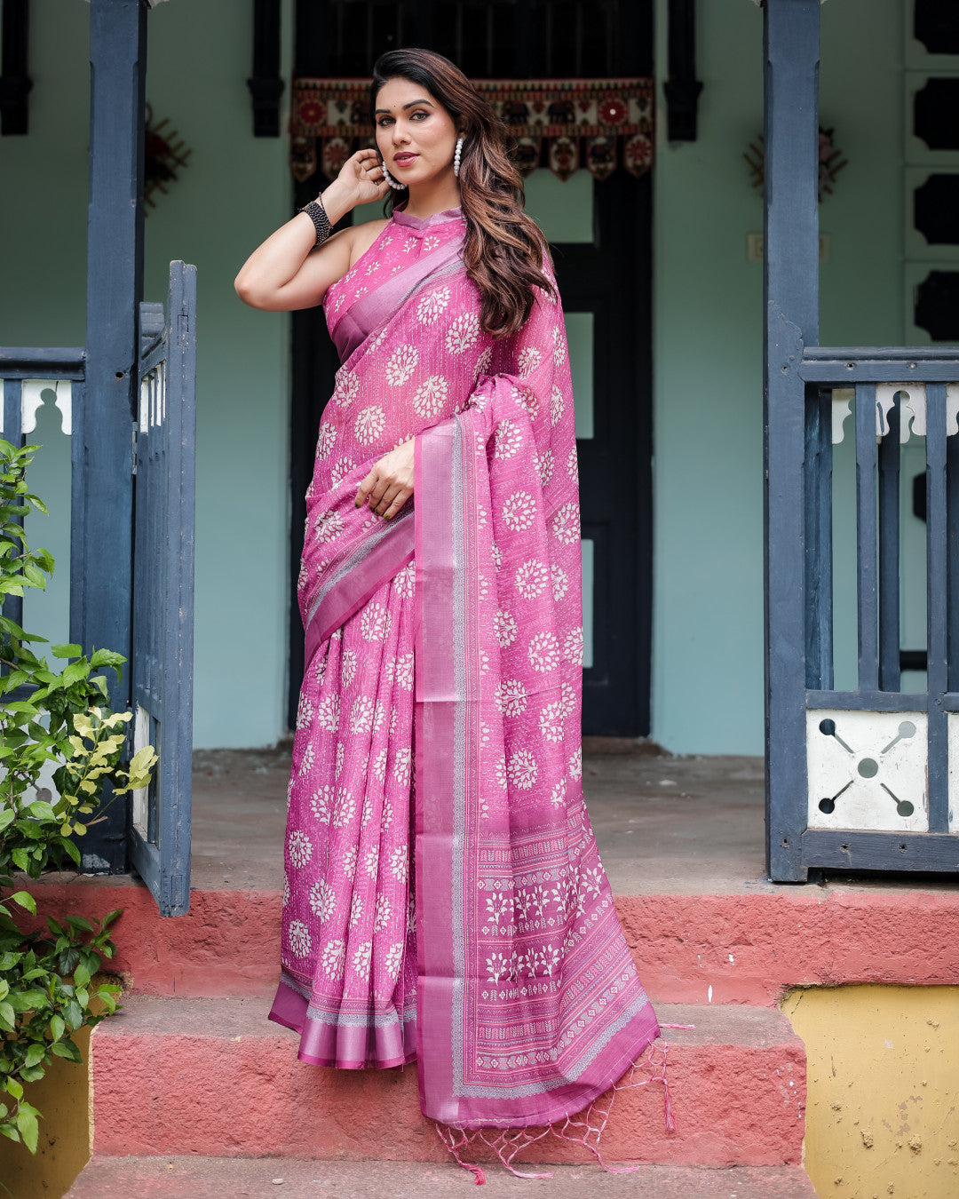 Pink Summer Special Digital Printed Linen Cotton Saree